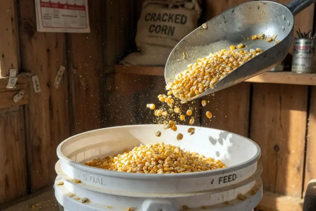 Cracked corn pieces poured into a feed bucket