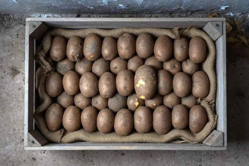 Cured potatoes resting in wooden storage crate