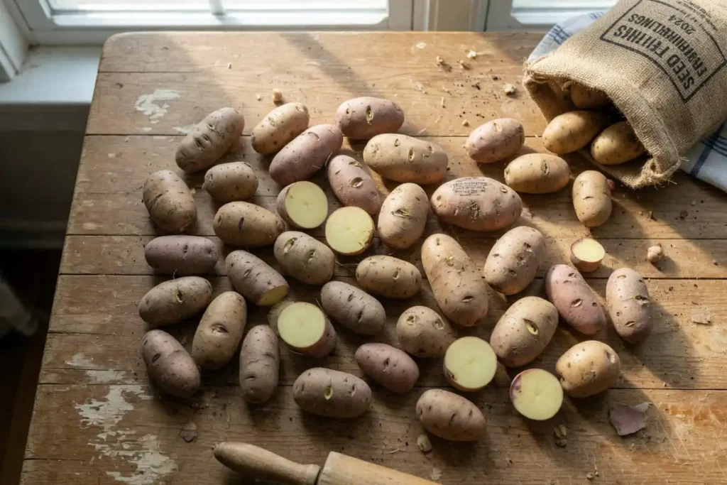 Cut and cured fingerling seed potatoes ready for planting