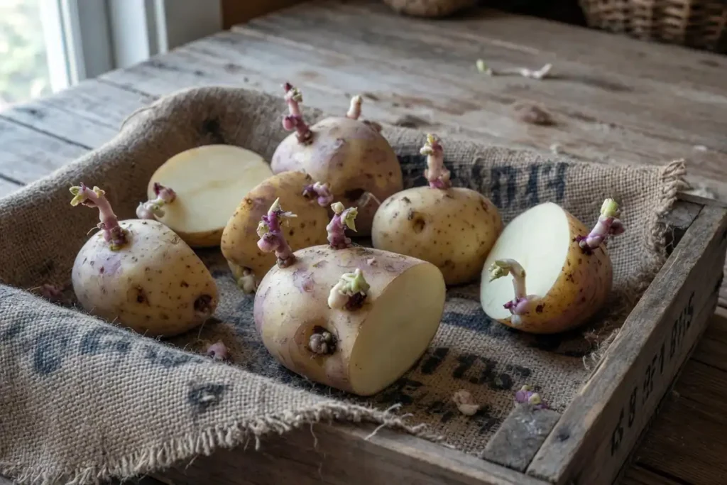Cut and cured seed potato pieces ready for planting