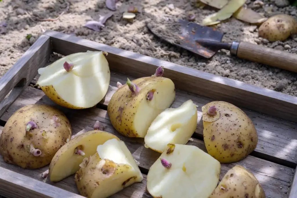 Cut seed potato pieces curing on wooden tray