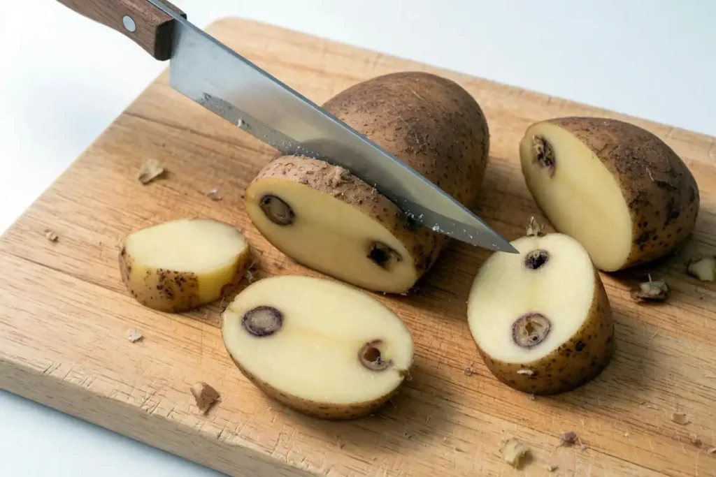 Cutting a large potato into seed pieces with visible eyes