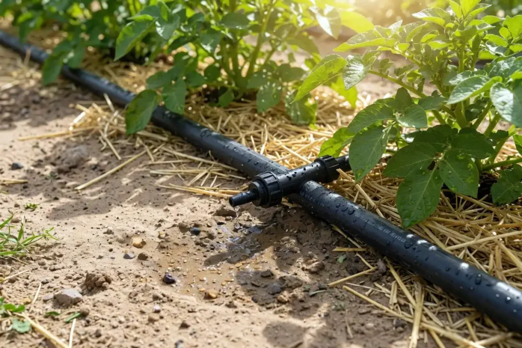 Drip line watering potato plants in desert garden