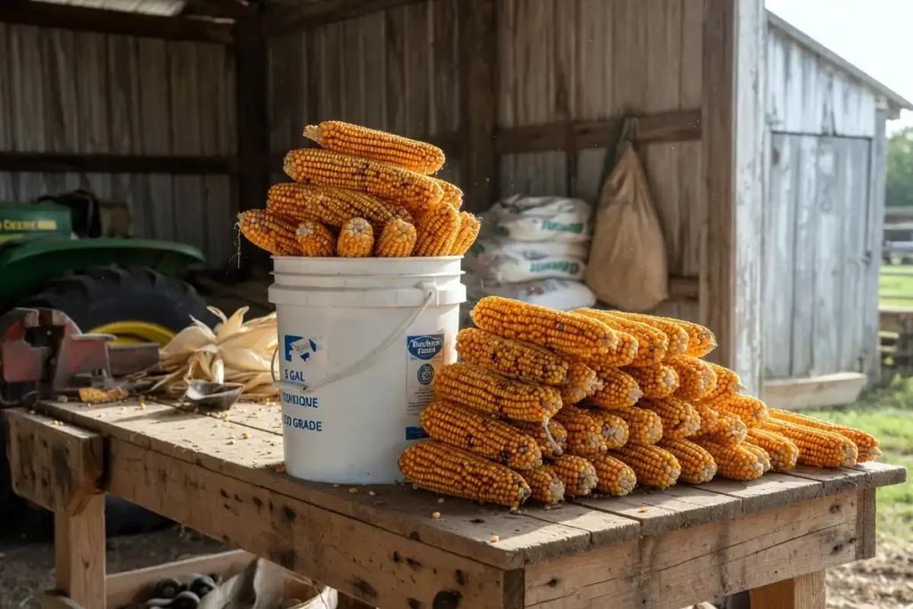 Ear corn stacked inside a plastic bucket for feed
