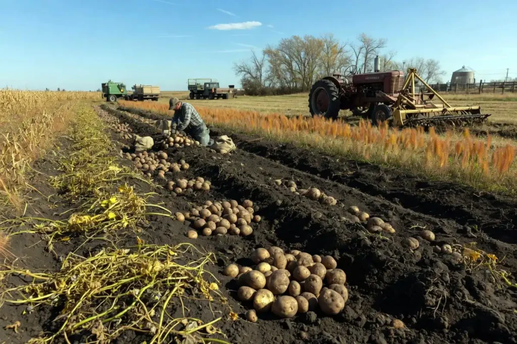 Late-season potato harvest with freshly dug tubers and yellowed vines