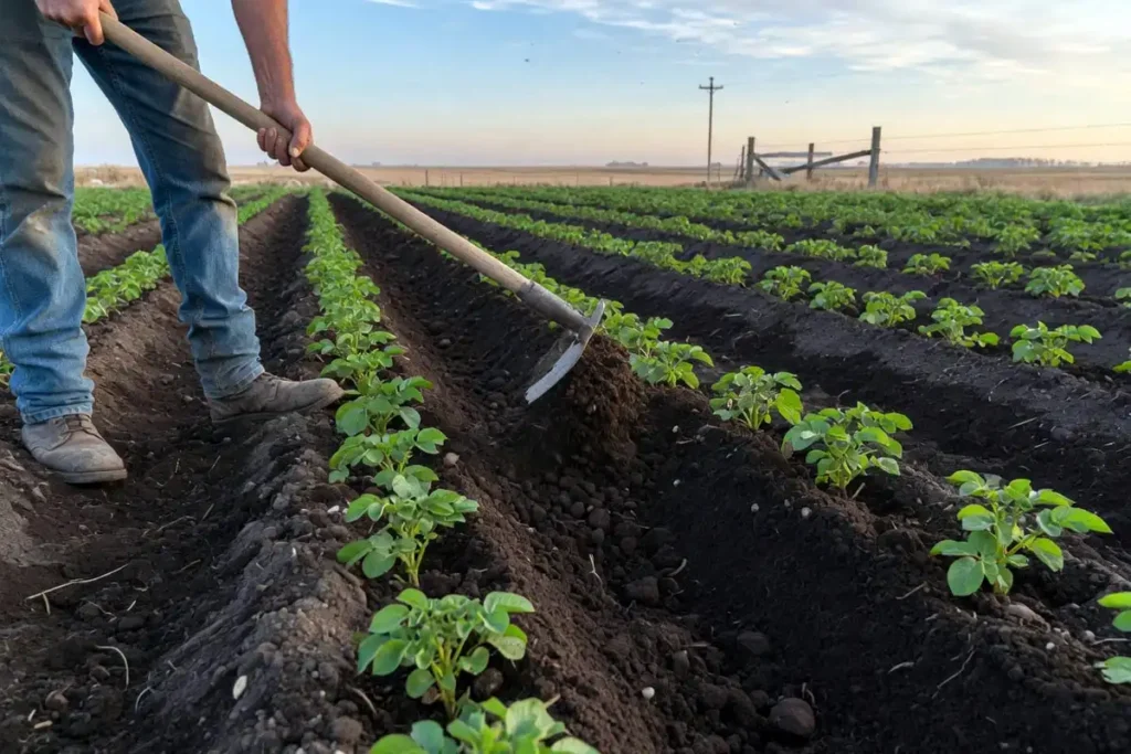 Farmer hilling soil around young potato plants in straight rows