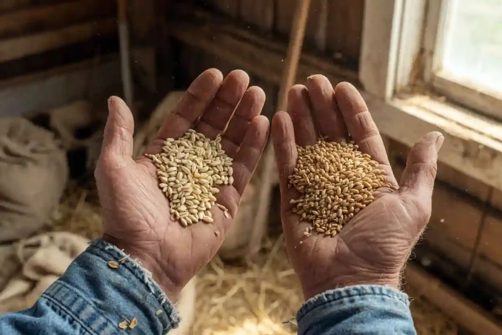 Farmer comparing wheat and oat seeds in hands
