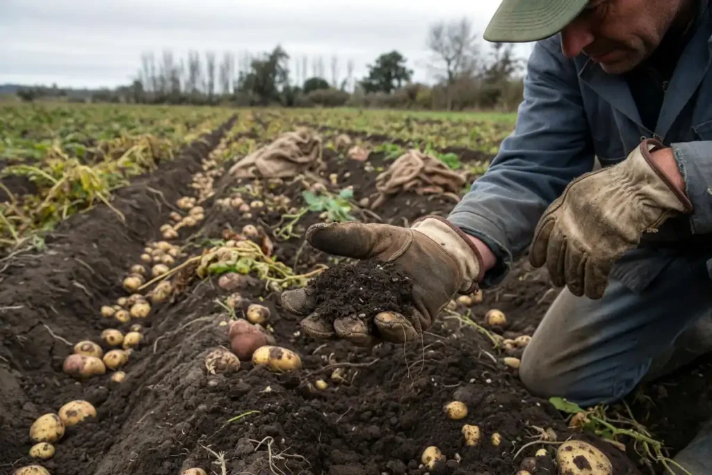 Farmer checking soil quality after potato harvest
