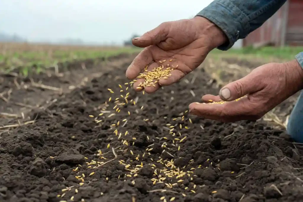 Farmer hand sowing oat seeds in tilled soil