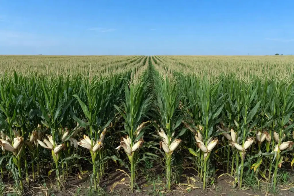Dense commercial dent corn field during ear filling stage