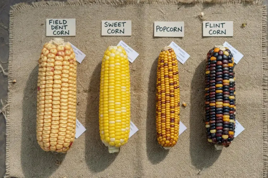 Four corn types showing kernel size differences