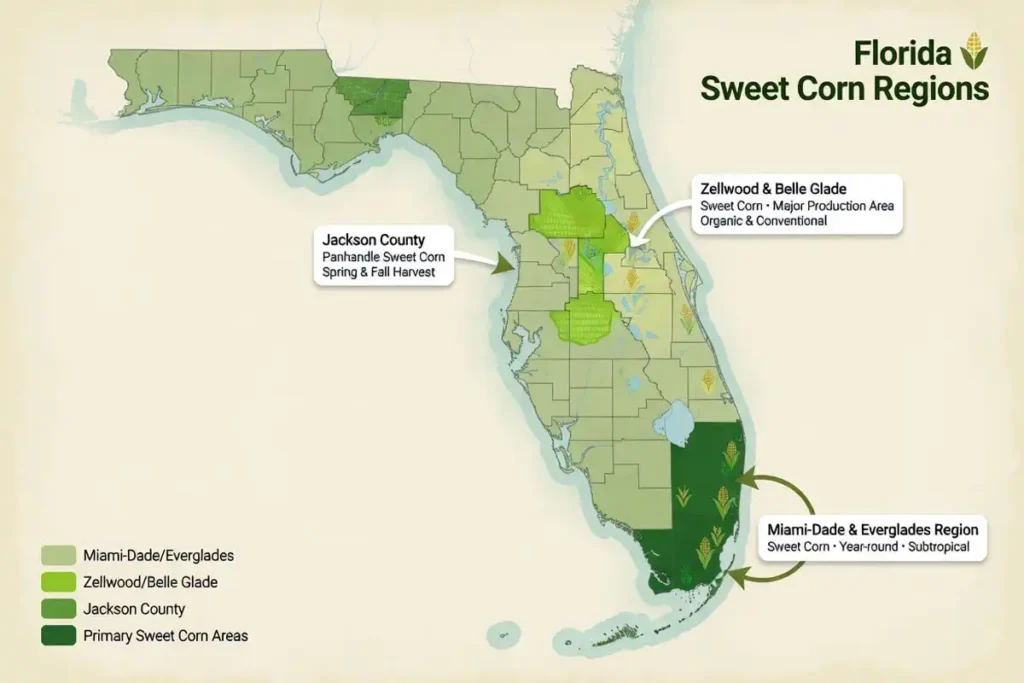 Map showing sweet corn growing regions across Florida