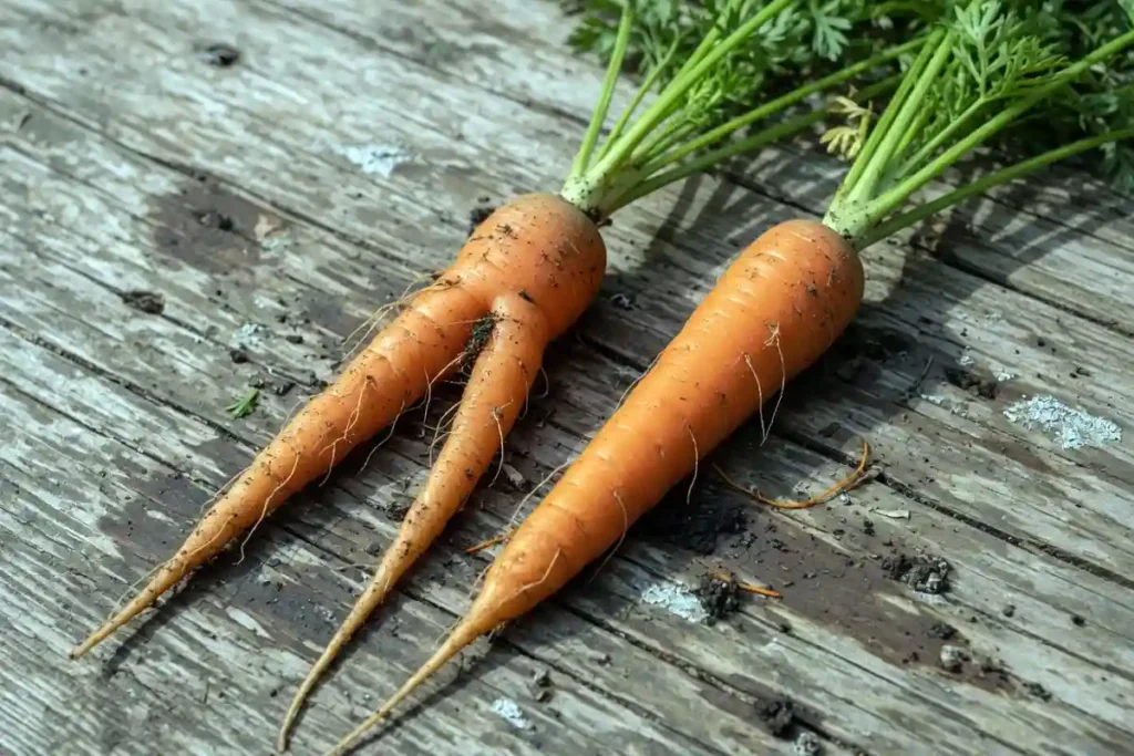 Forked carrot next to straight carrot on wooden surface