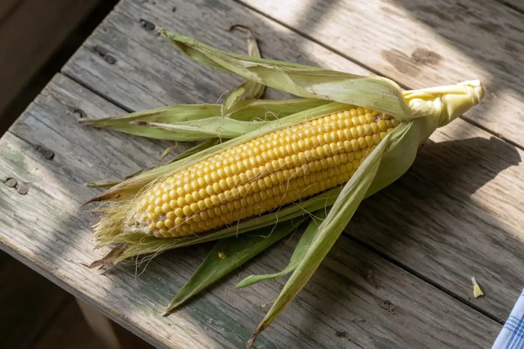 Green corn ear with husk peeled back exposing yellow kernels