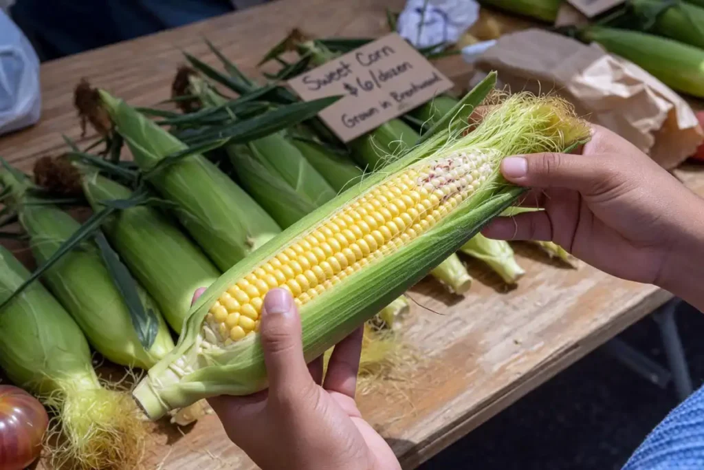 Farmer inspecting husk and silk of fresh sweet corn