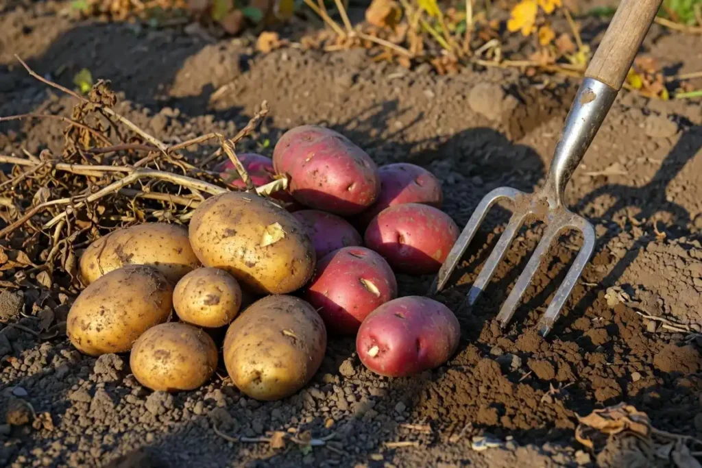 Freshly harvested Colorado potatoes with garden fork