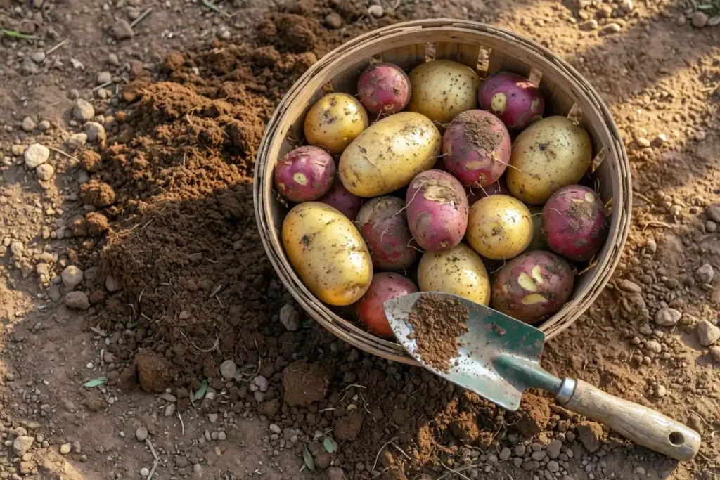 Freshly dug potatoes in a wooden basket on garden soil