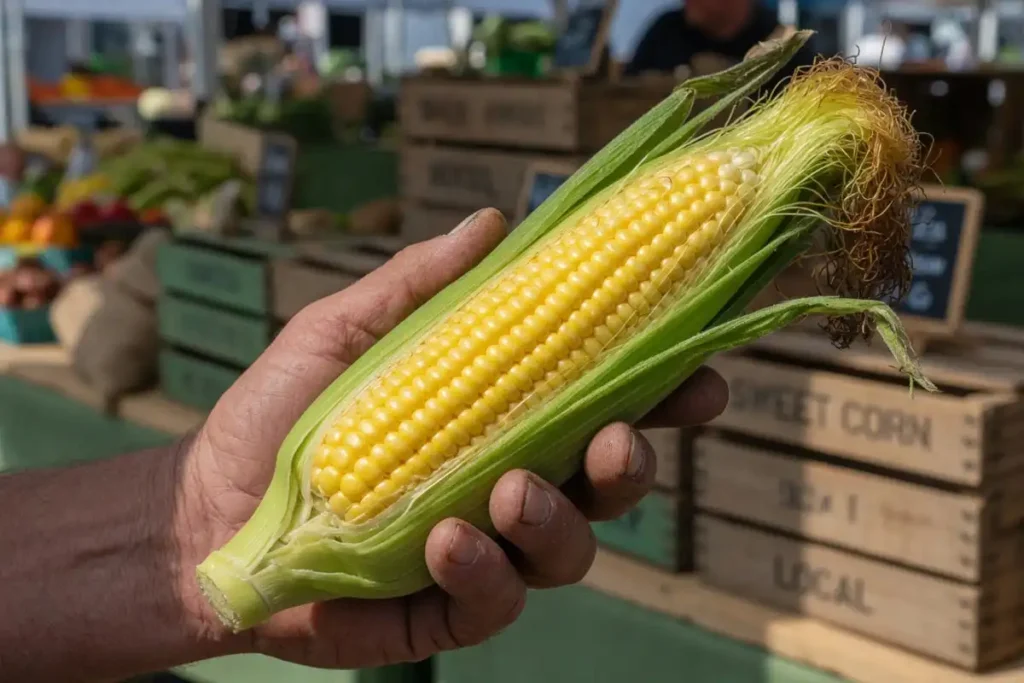 Fresh sweet corn with green husks and golden silk