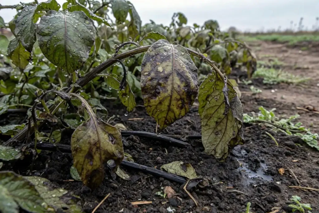 Potato plant leaves damaged by overnight frost