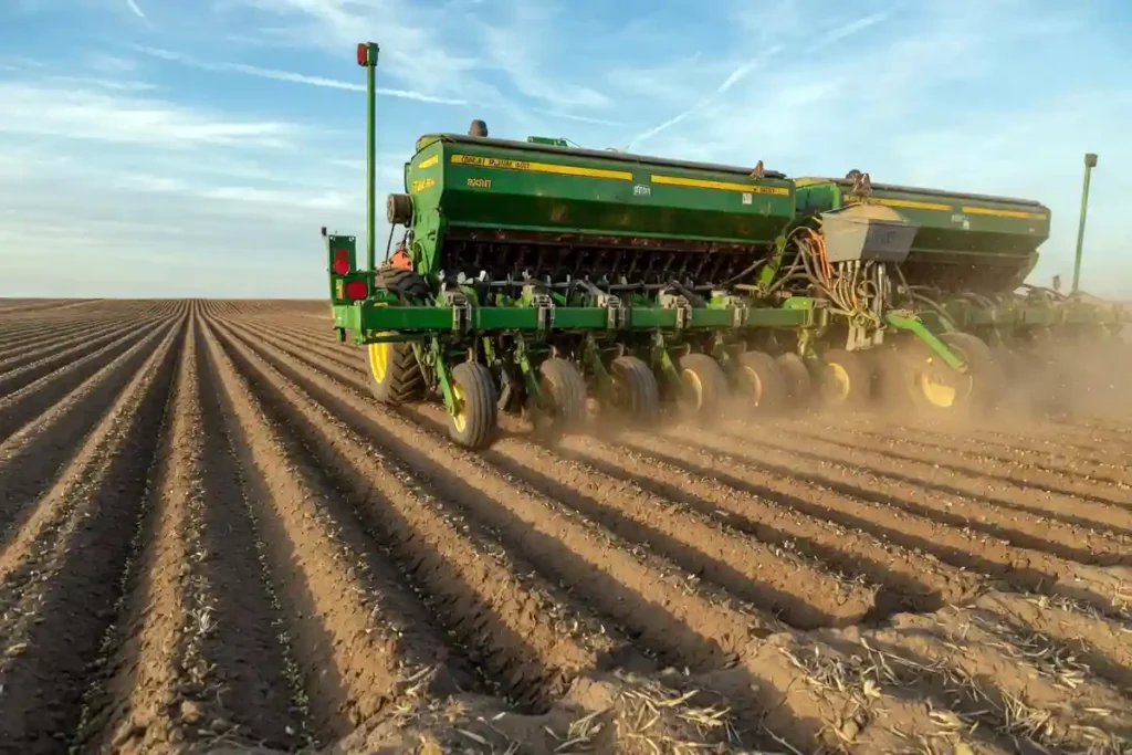 Grain drill seeding oats in straight rows