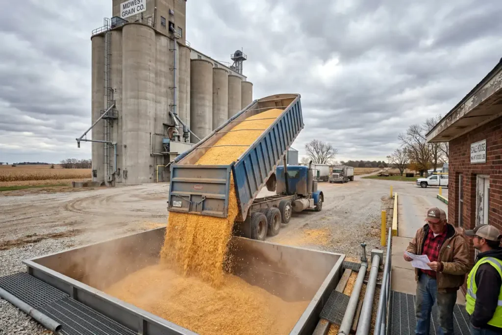 Grain truck unloading corn at elevator scale