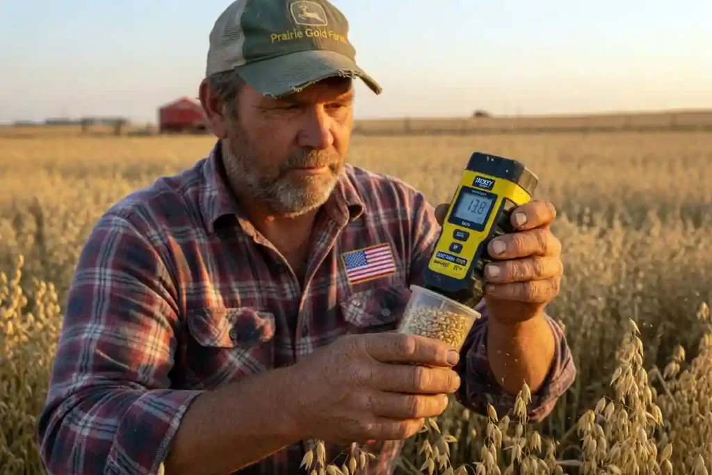 Farmer using a handheld grain moisture meter on harvested oats