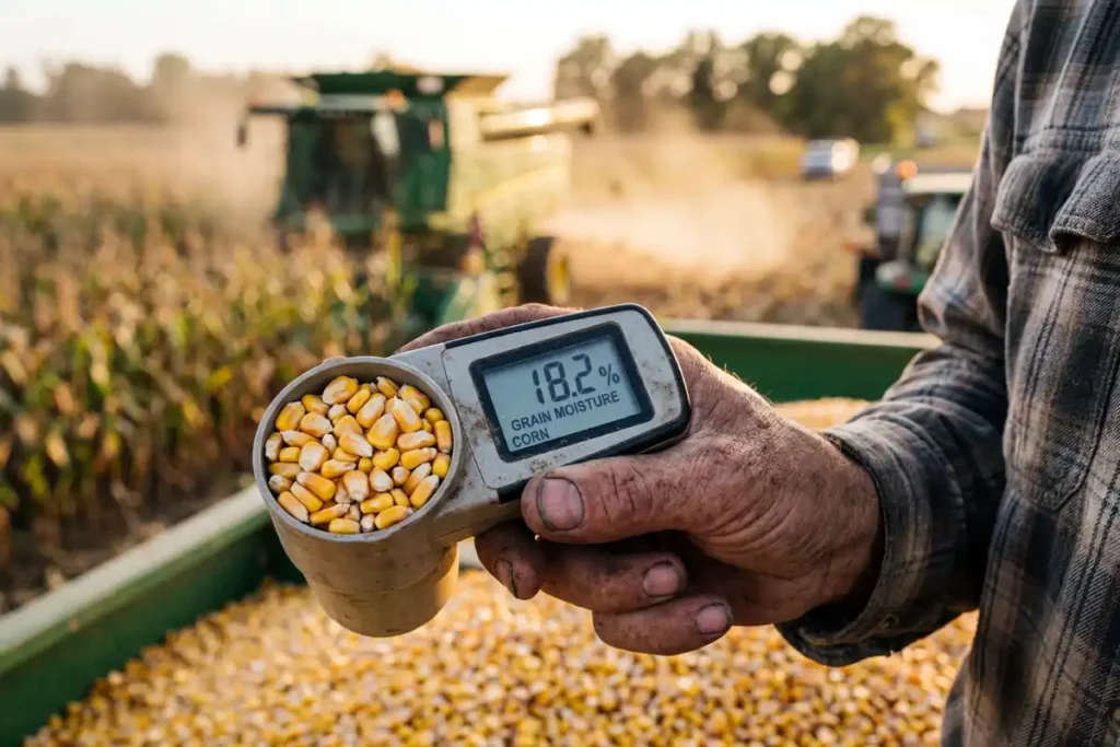 Farmer checking corn moisture with handheld tester