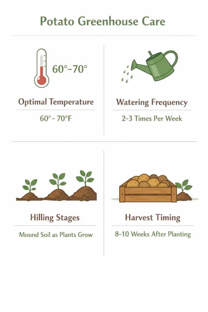 Infographic showing potato greenhouse temperature and watering guide