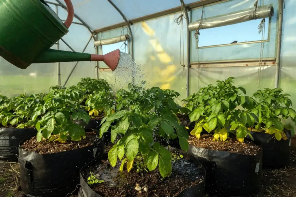 Watering potato plants inside a home greenhouse