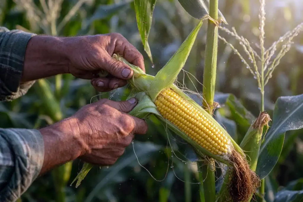 Farmer twisting ripe sweet corn ear off the stalk at harvest