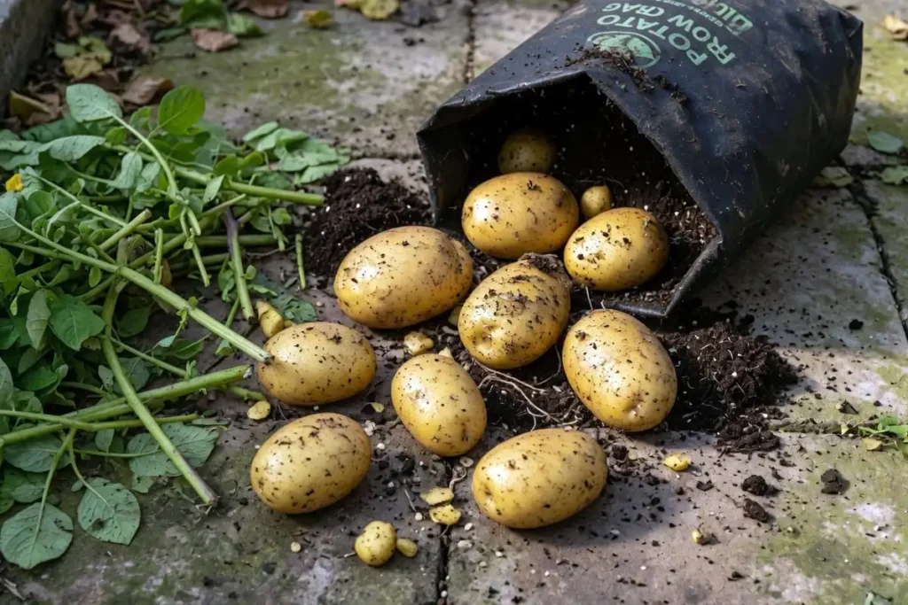 Freshly harvested potatoes from a greenhouse grow bag