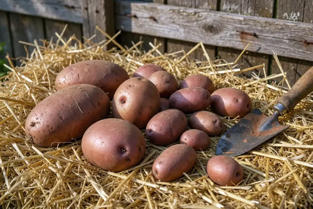 Clean harvested potatoes pulled from a straw bale
