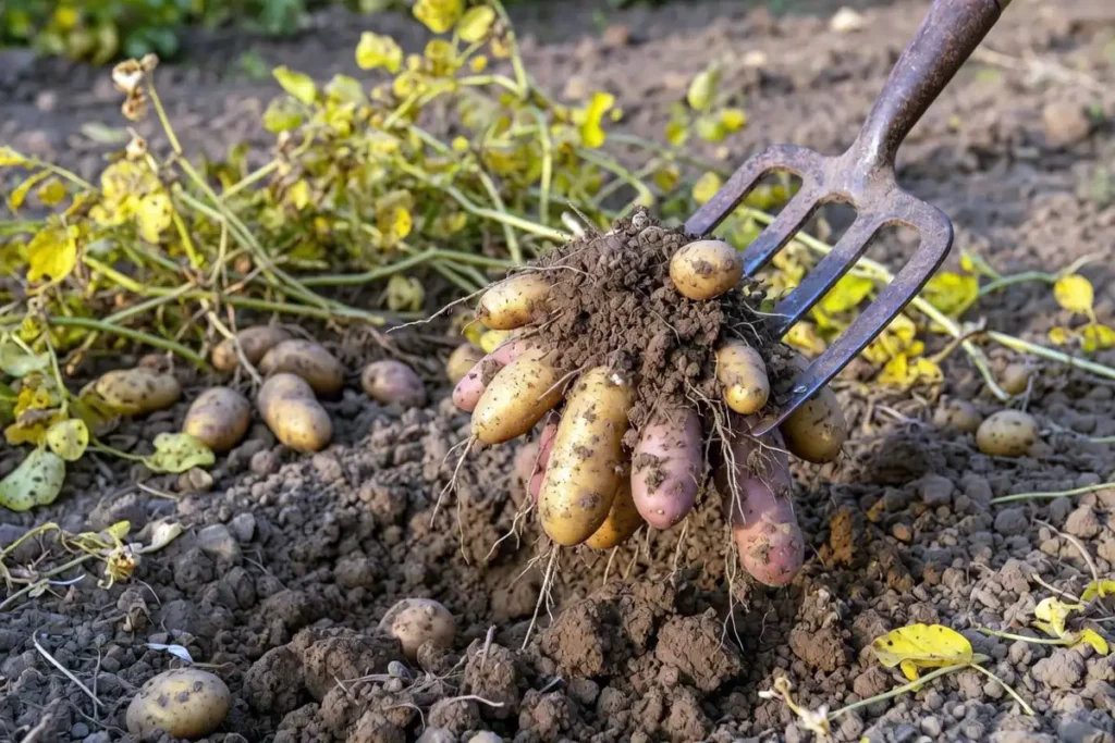 Freshly dug fingerling potatoes beside a garden fork