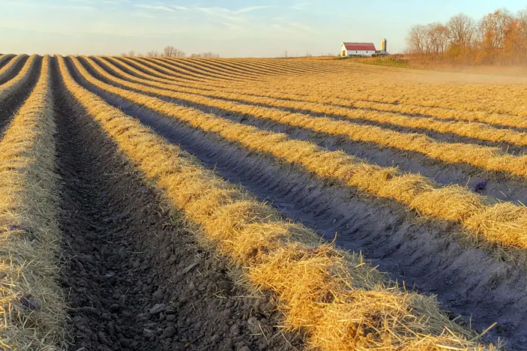 Hilled potato rows protected with thick straw mulch