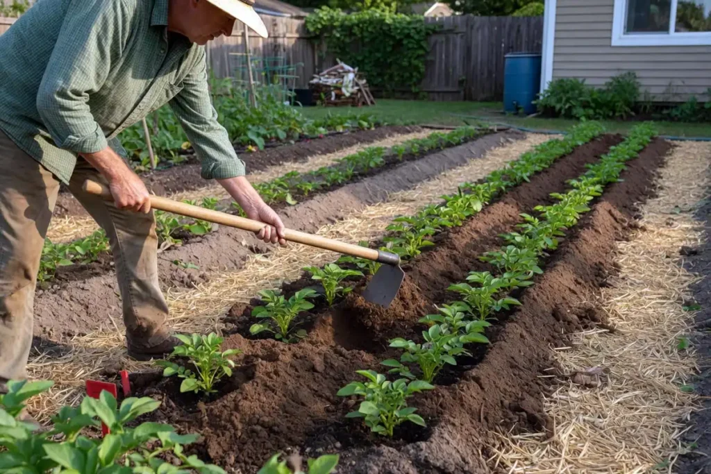 Hilling soil around young potato plants in a backyard garden