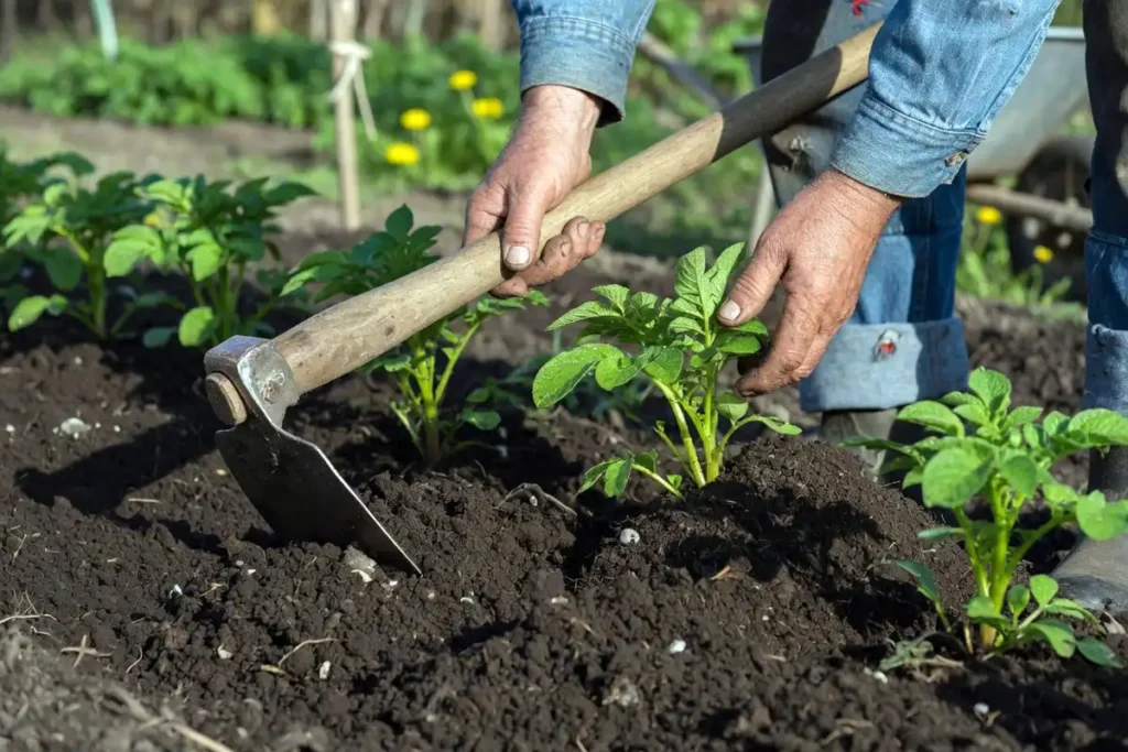 Farmer hilling soil around young potato plants