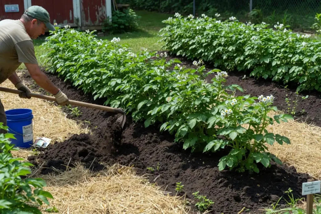 Hilling potato plants in a backyard garden row