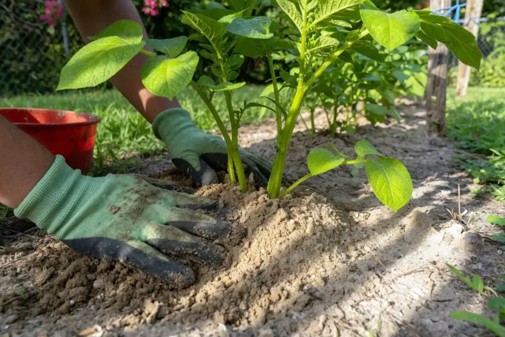 Farmer hilling soil around young potato plants