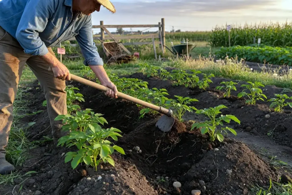 Gardener mounding soil around the base of young potato plants