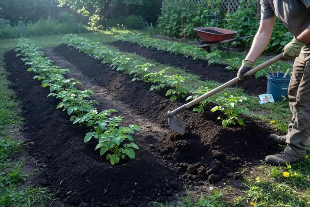 Mounding soil around young potato plants for better tuber growth
