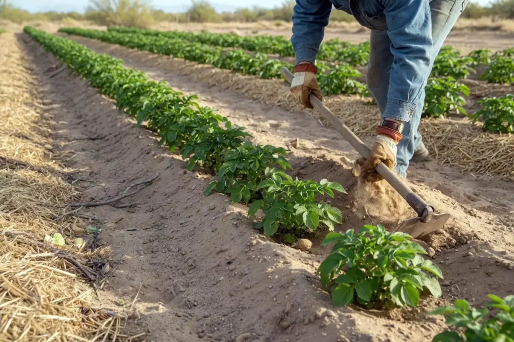 Farmer hilling soil around young potato plants