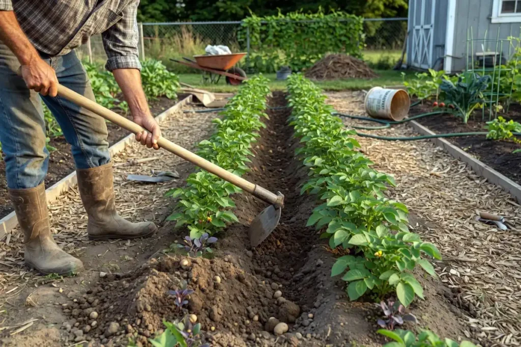 Farmer hilling soil around young potato plants in a garden row