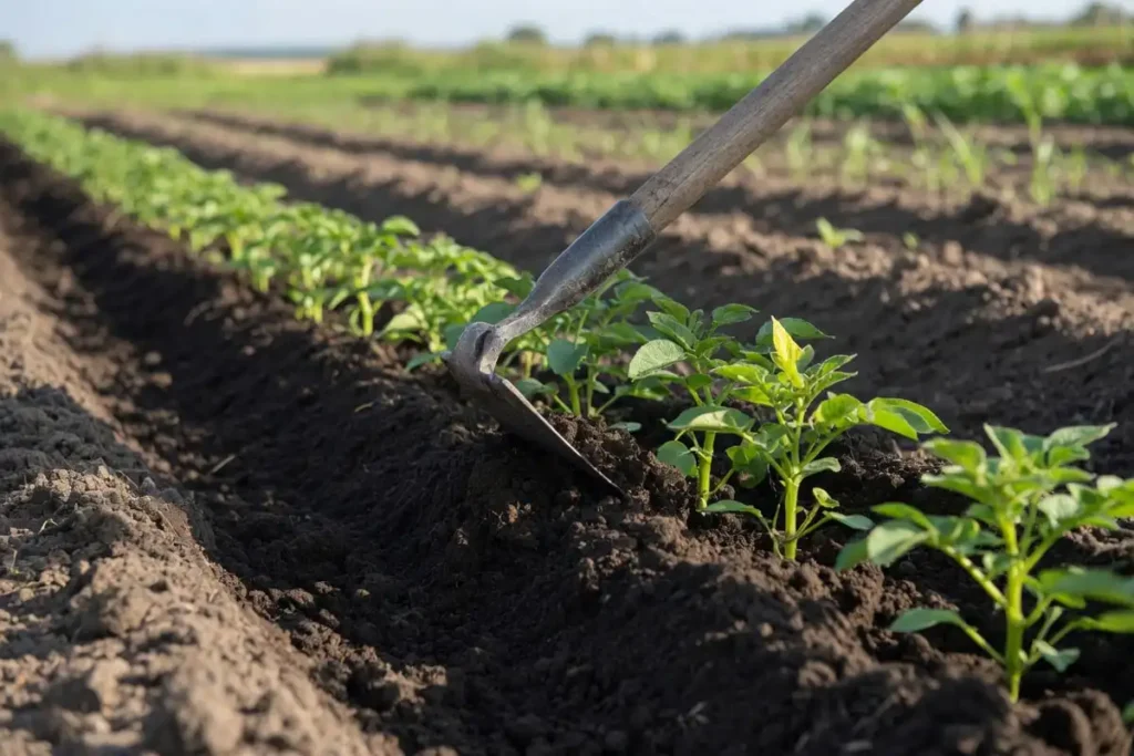 Hilling soil around young potato plants