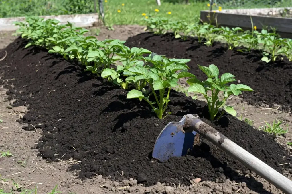 Farmer hilling soil around young potato plants in a raised row