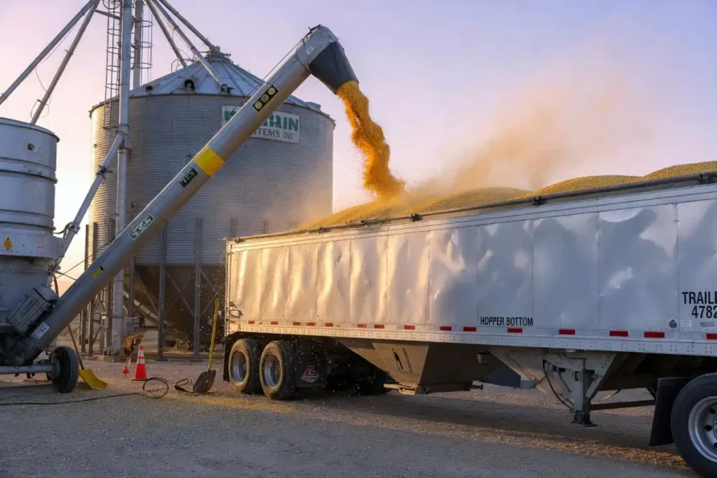 Grain auger loading shelled corn into hopper bottom semi trailer