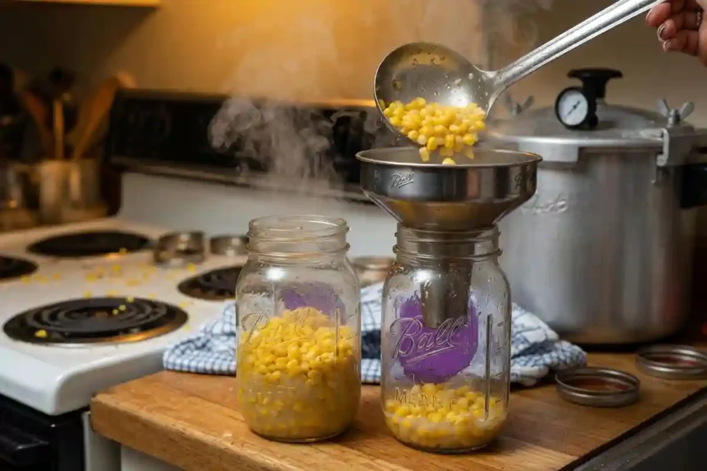 Packing hot sweet corn kernels into Mason jars before pressure canning
