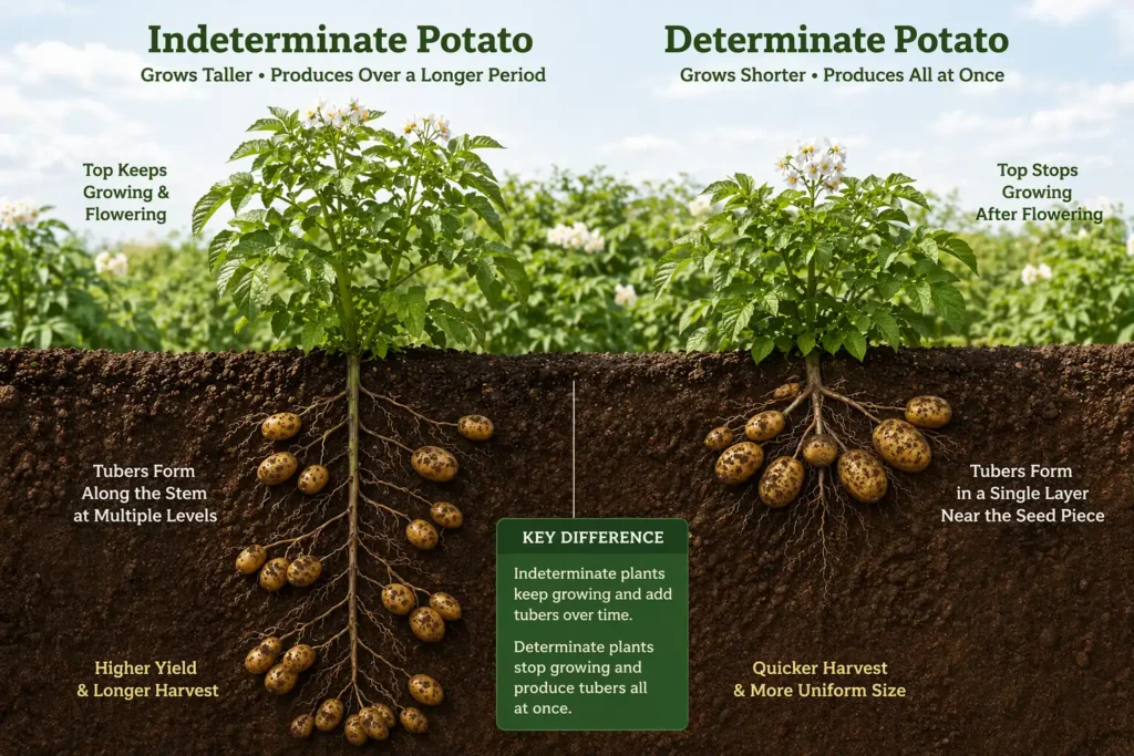 Side-by-side comparison of indeterminate and determinate potato plants