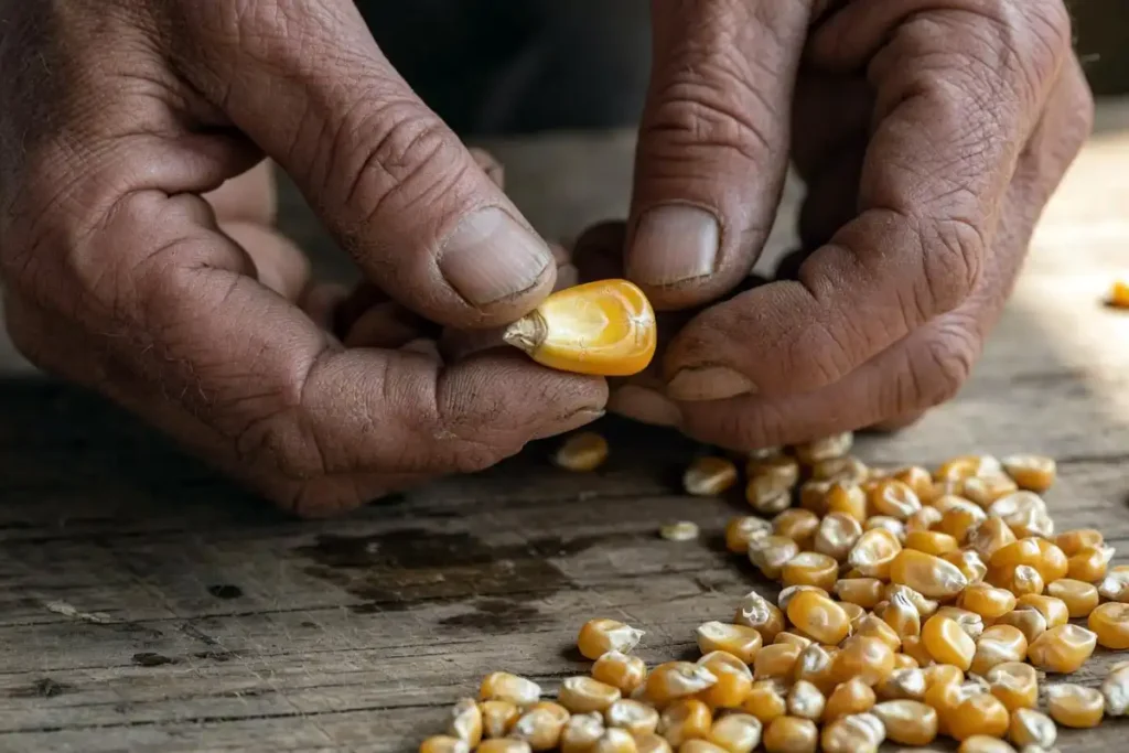 Farmer testing dried corn kernel hardness by hand
