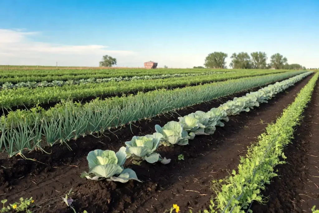 Healthy legumes, onions, and brassicas growing in rotated farm bed