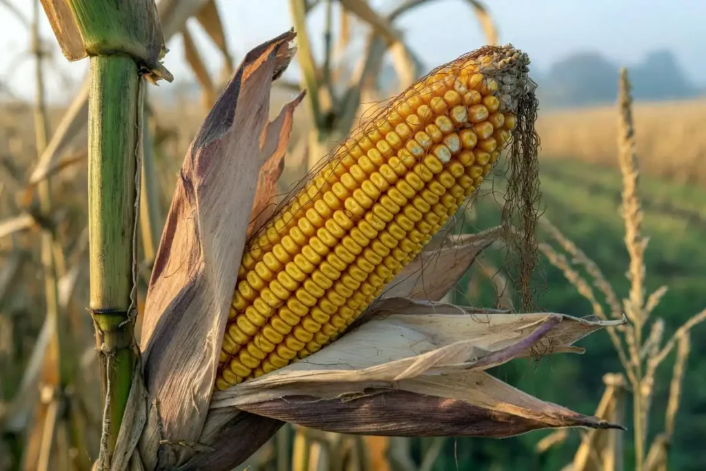 Mature corn ear with brown husk ready for drying